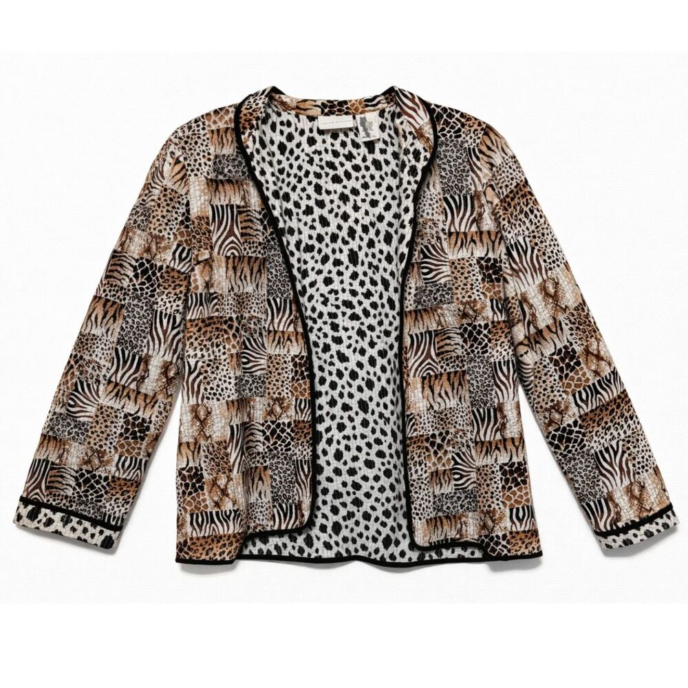 Alfred Dunner Animal Print Patchwork Jacket Womens 12 Safari Leopard Zebra Y2K